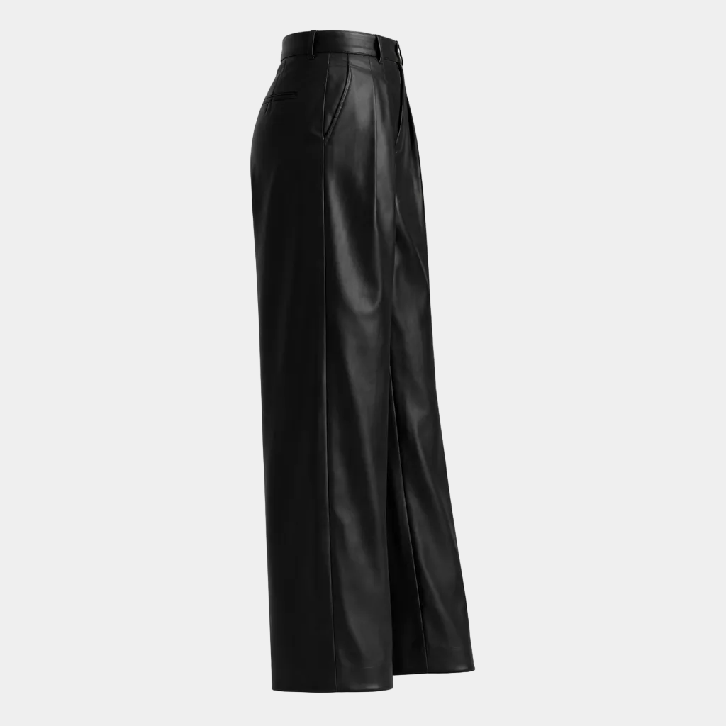 Wide-Leg Pleated Leather Pants for Women