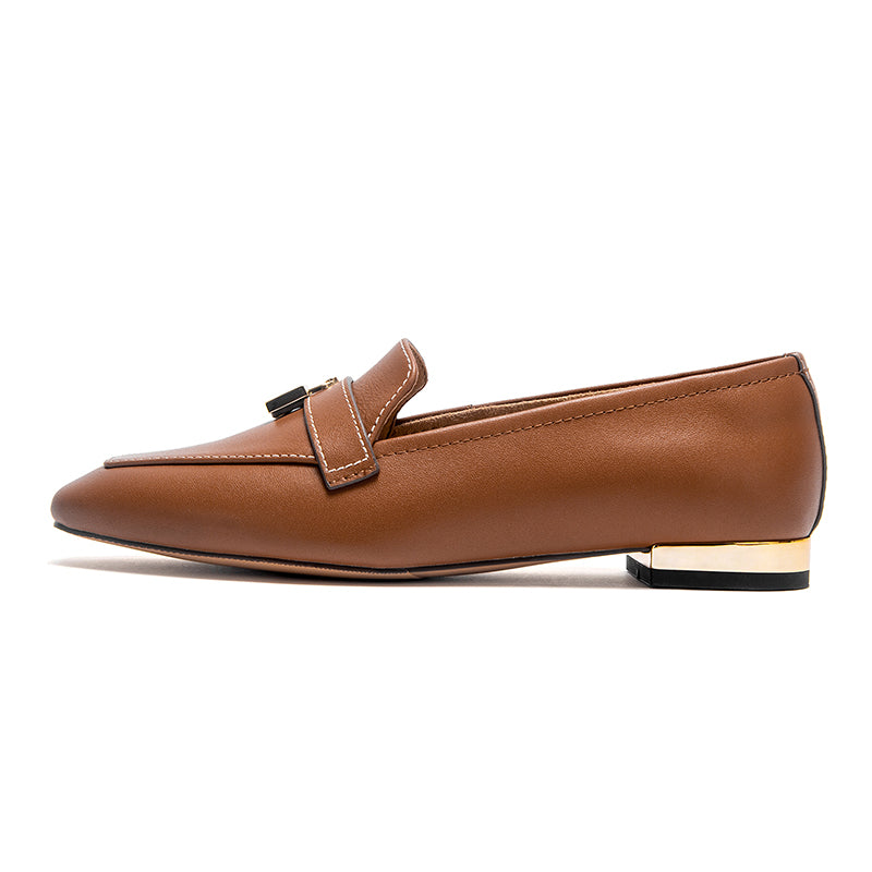 Savina Genuine Leather Heel Loafers - Brown