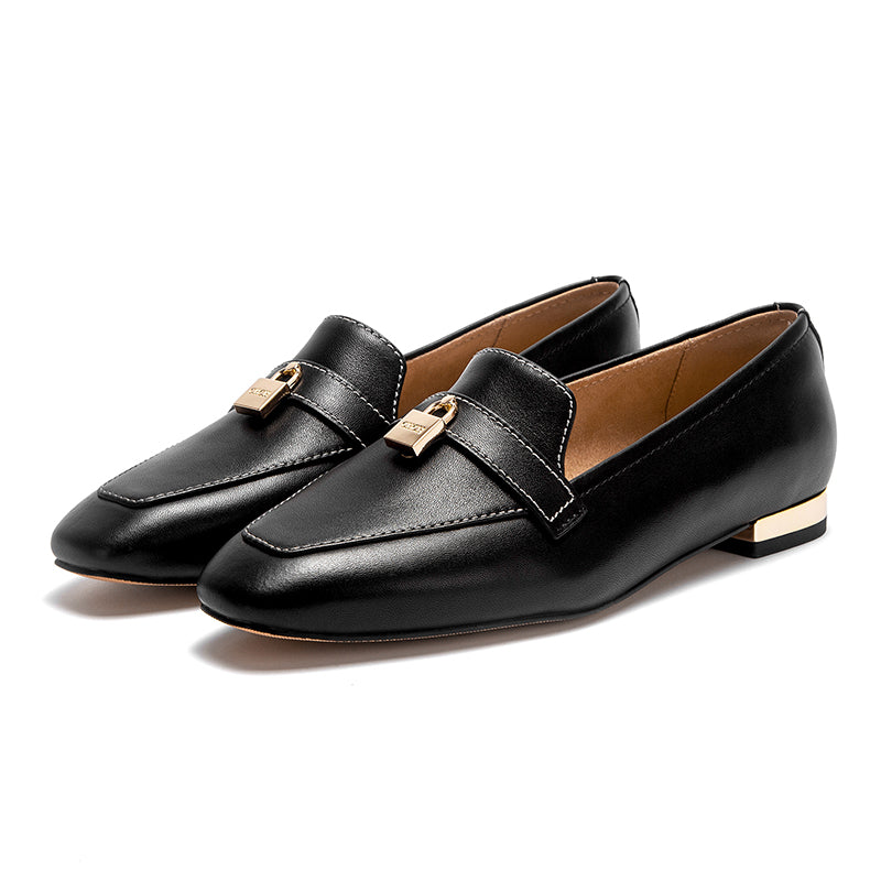 Savina Genuine Leather Heel Loafers - Black