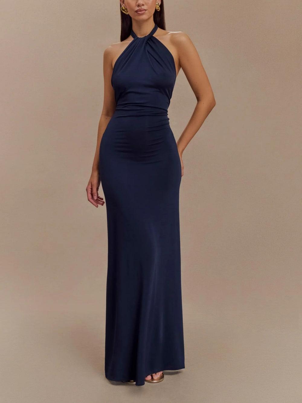 Halter Maxi Dress – Women's Evening Dress - Navy