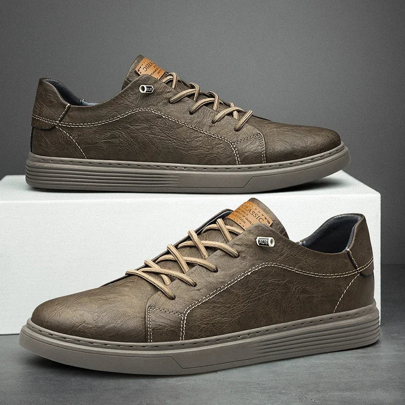 Men's Genuine Leather Low-Top Sneakers - Brown