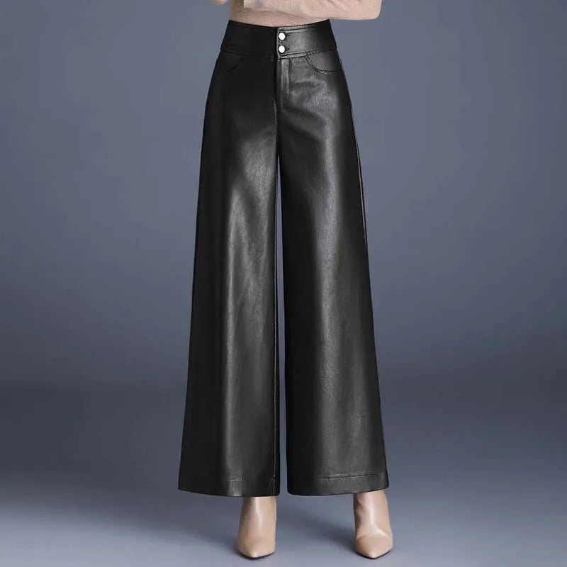 Sylvana Vegan Leather Wide-Leg Pants - Black