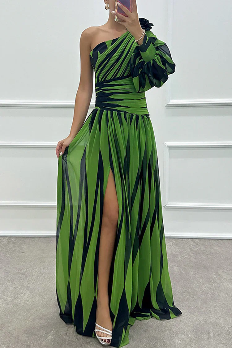 Striped One-Shoulder Maxi Dress – Women's Evening Dress - Green