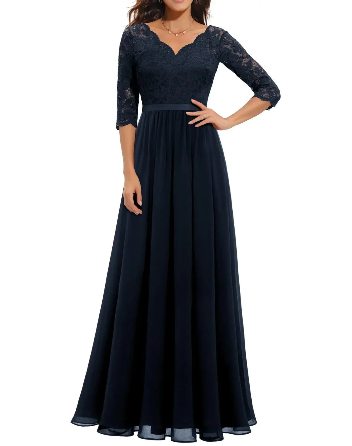Lace Maxi Dress – Women's Evening Dress - Navy Blue Quarter Sleeve