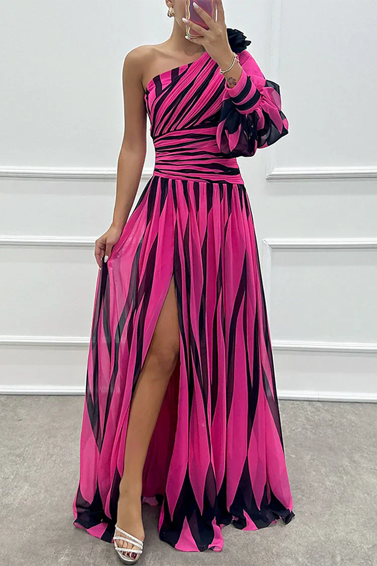 Striped One-Shoulder Maxi Dress – Women's Evening Dress - Rose Red