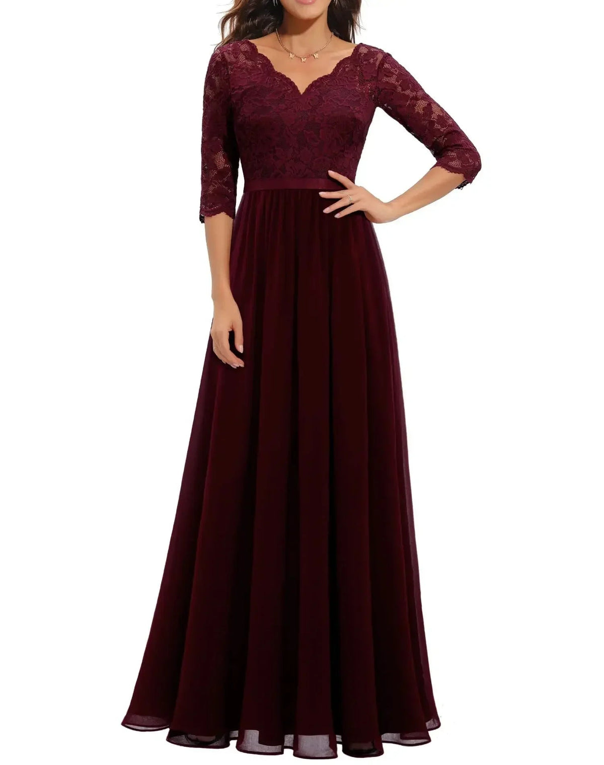 Lace Maxi Dress – Women's Evening Dress - Burgundy Quarter Sleeve