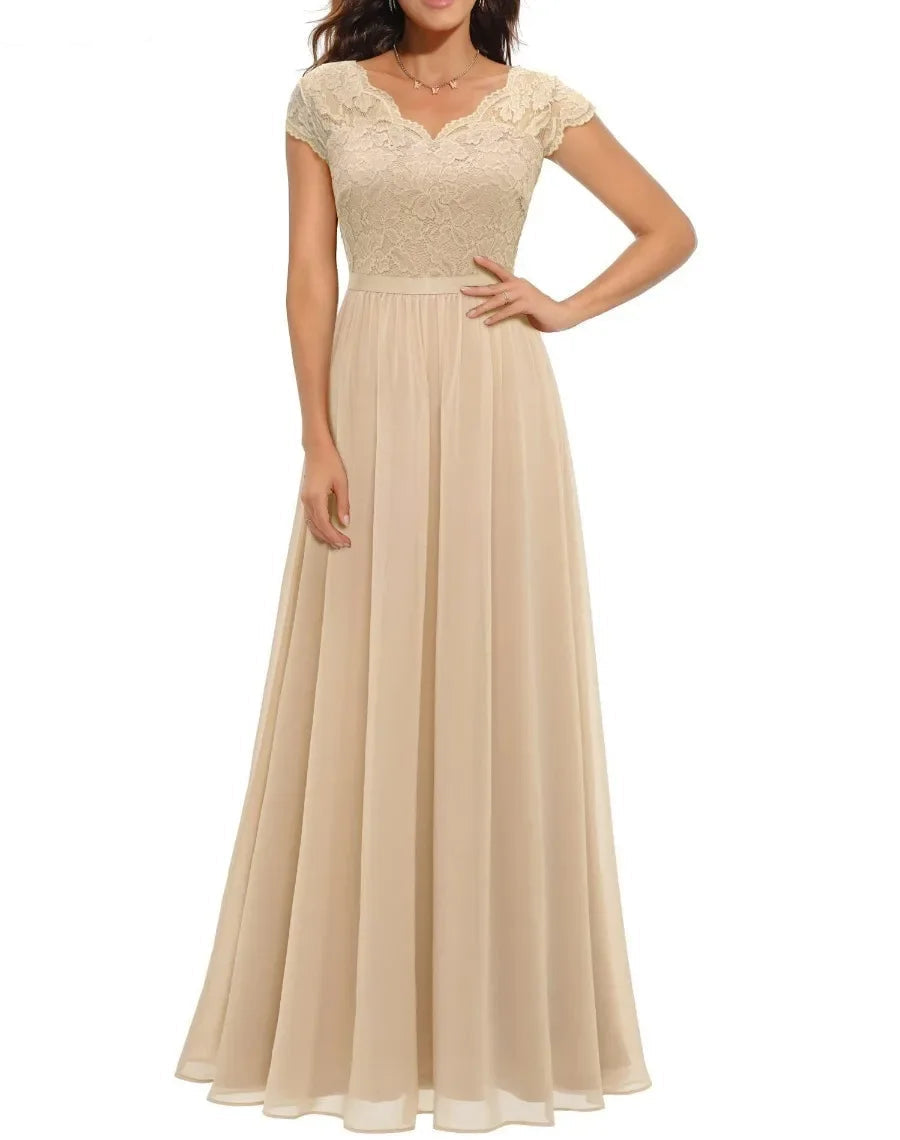 Lace Maxi Dress – Women's Evening Dress - Champagne Short Sleeve
