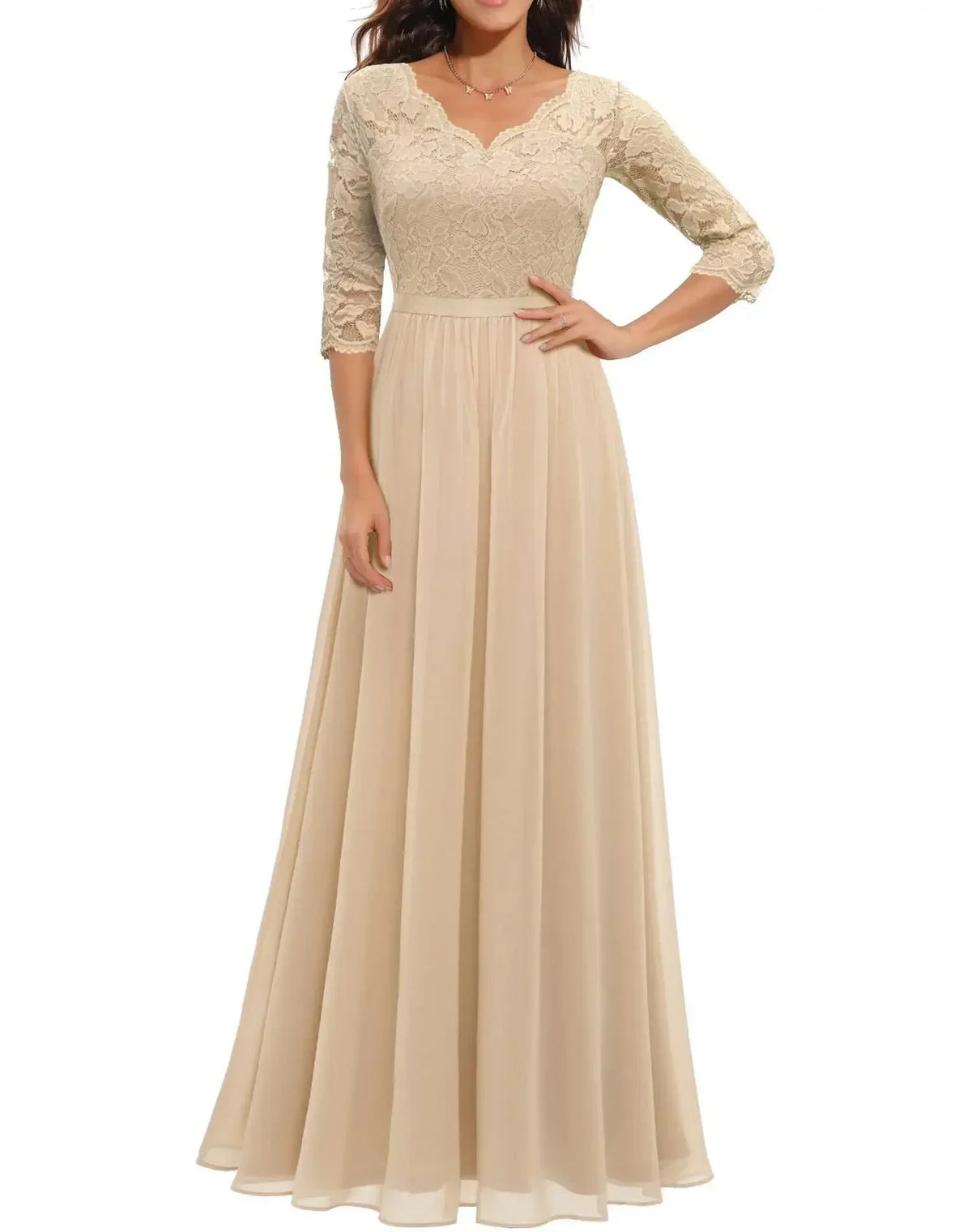 Lace Maxi Dress – Women's Evening Dress - Champagne Quarter Sleeve
