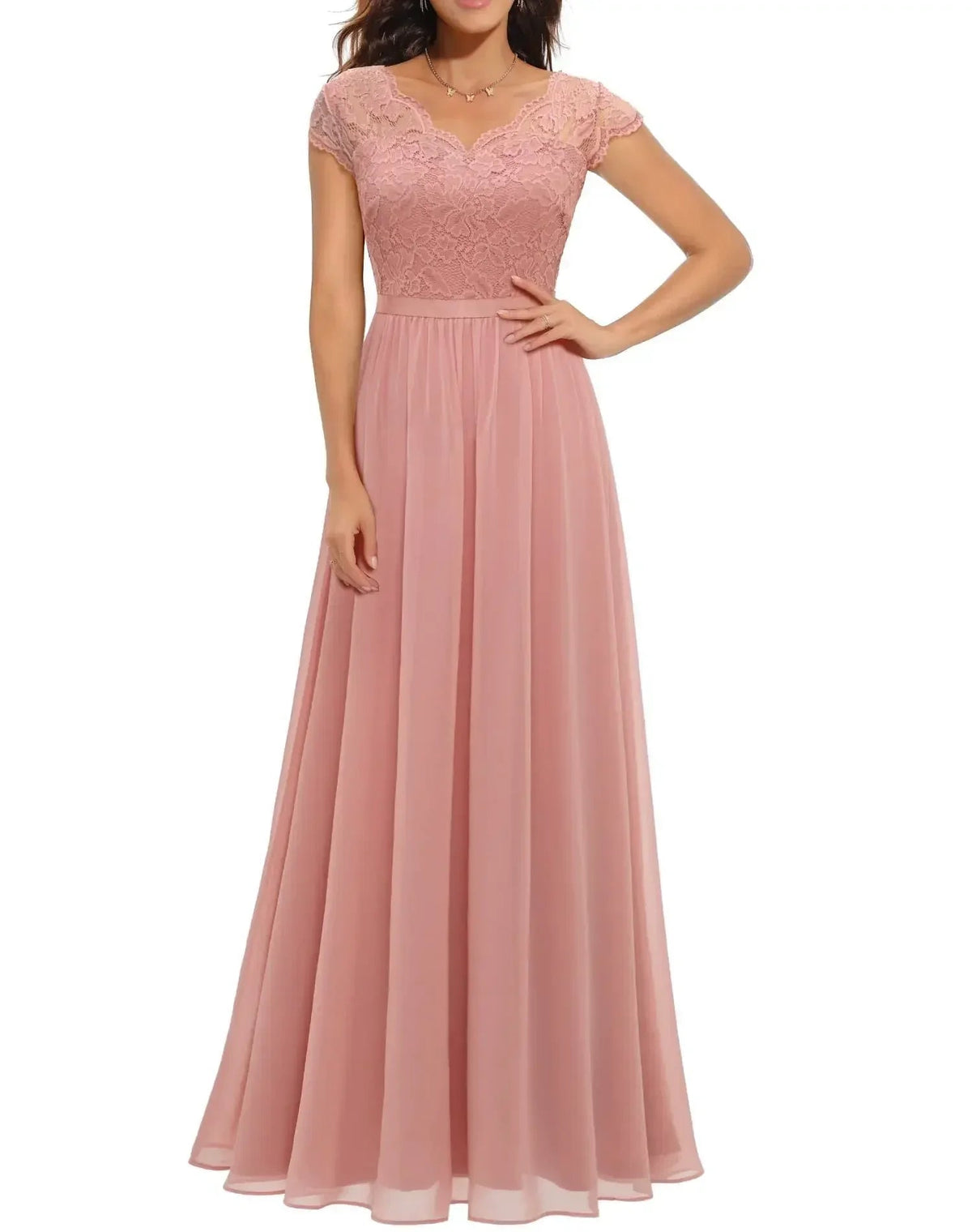 Lace Maxi Dress – Women's Evening Dress - Pink Short Sleeve
