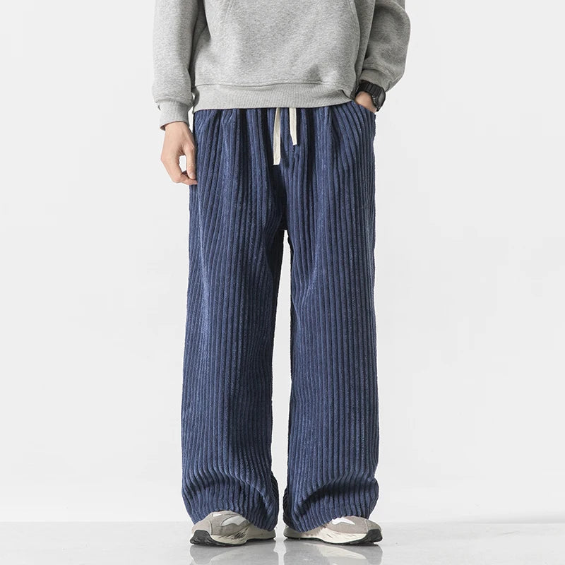 Wide-Leg Corduroy Drawstring Pants for Men - Ocean Blue