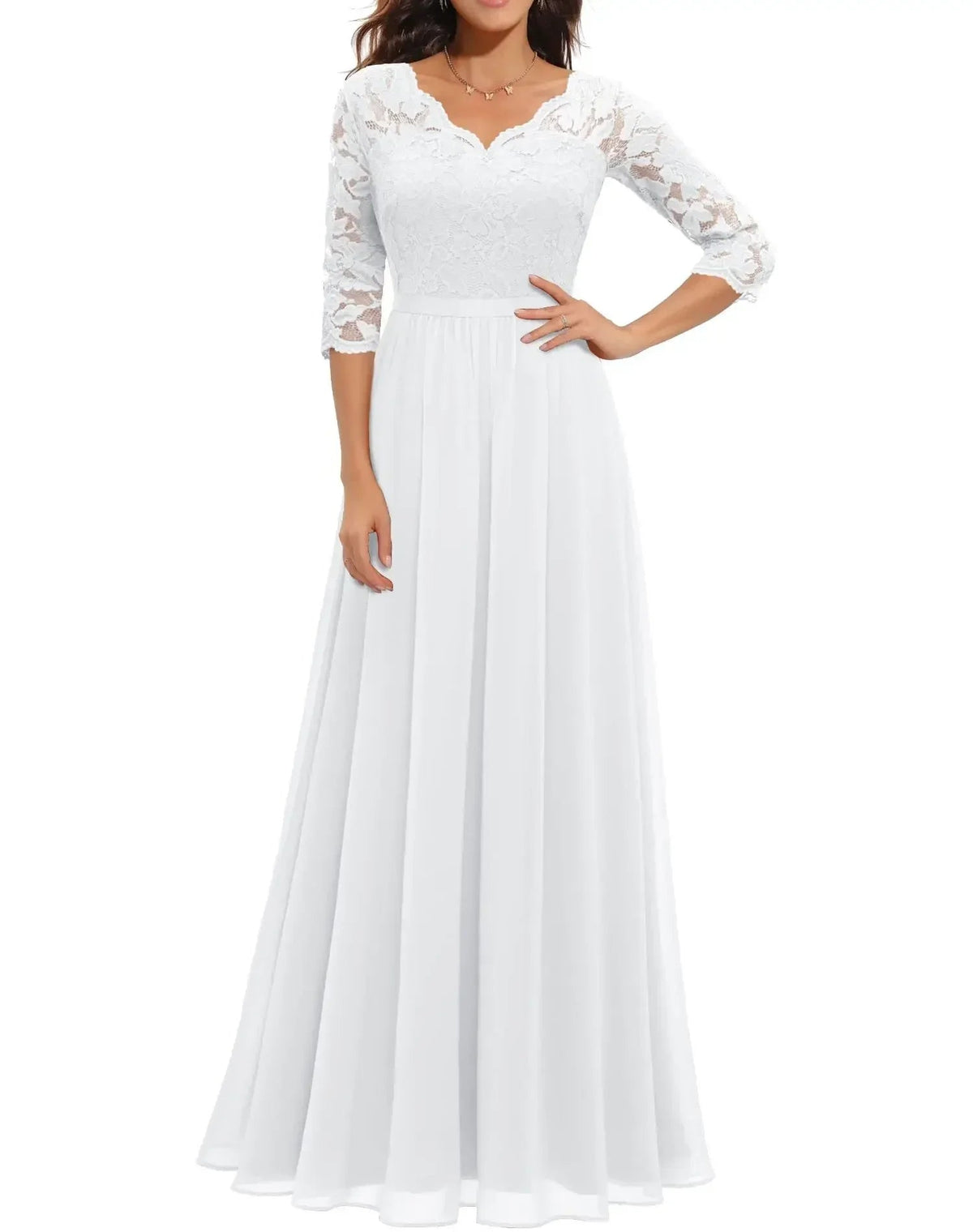 Lace Maxi Dress – Women's Evening Dress - White Quarter Sleeve