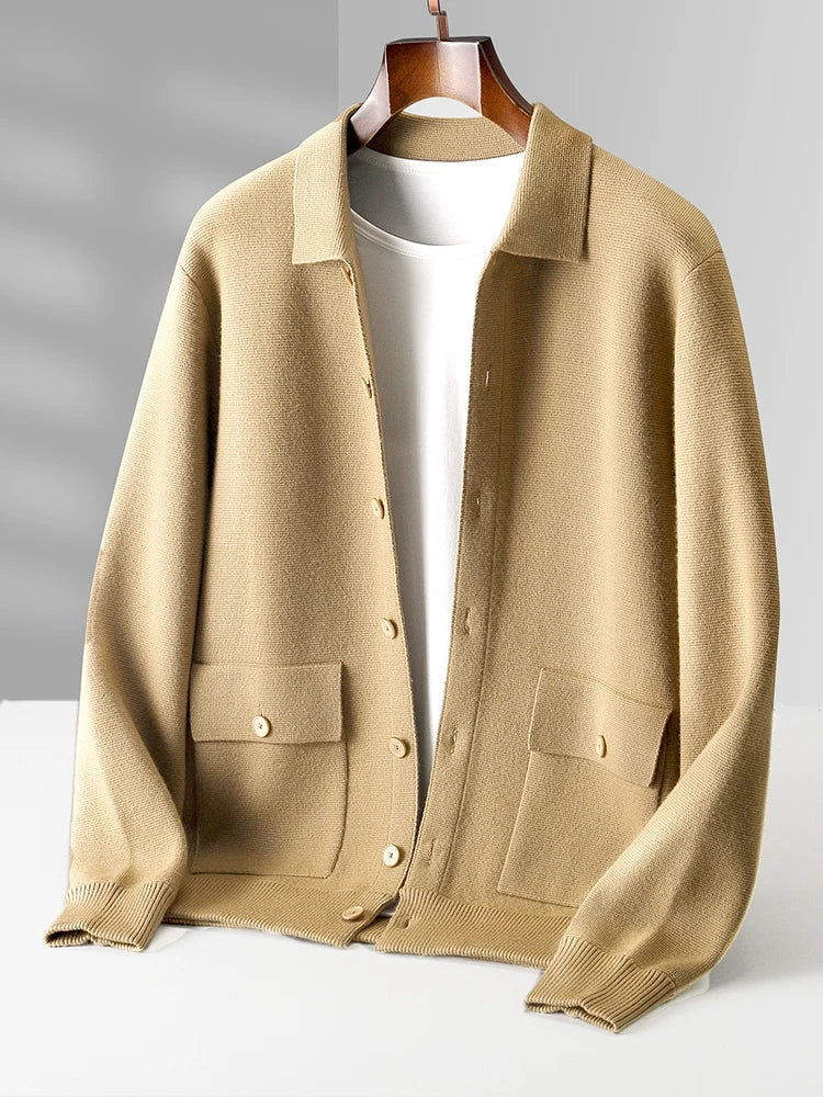 Calvaro Merino Wool Polo Cardigan Sweater - Taupe