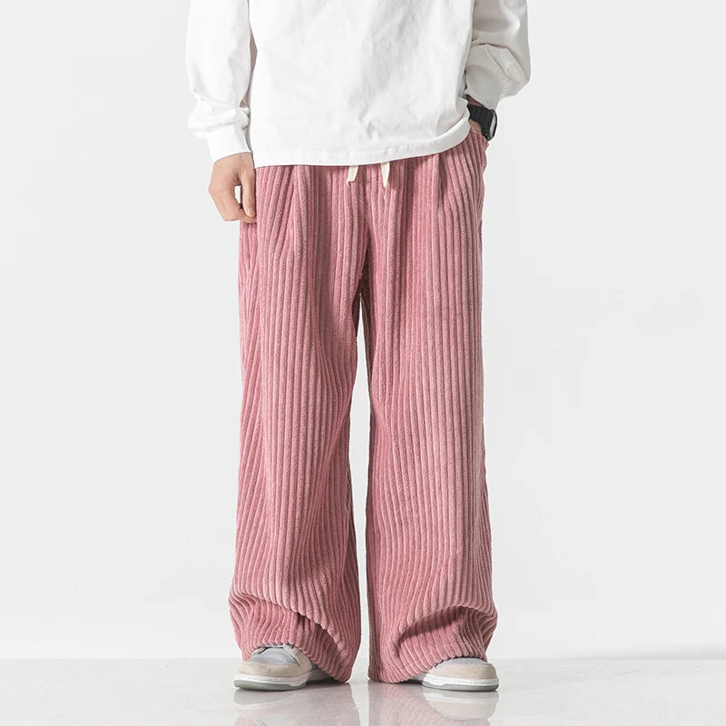 Wide-Leg Corduroy Drawstring Pants for Men - Pink