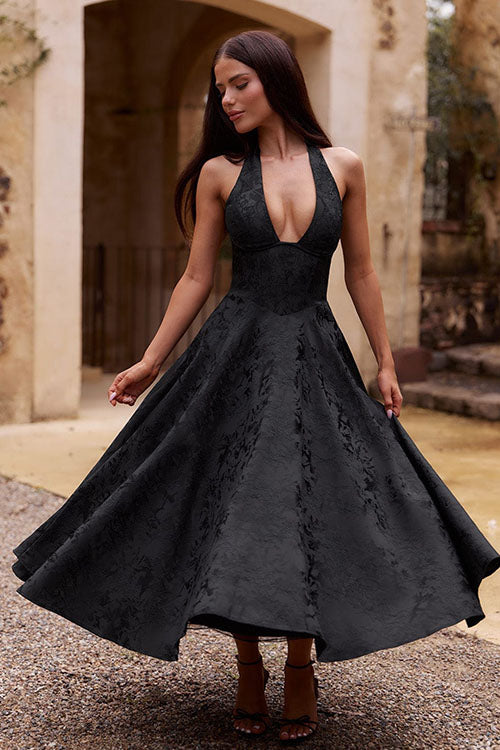 Jacquard Maxi Dress – Women's Wedding Guest Dress - Black