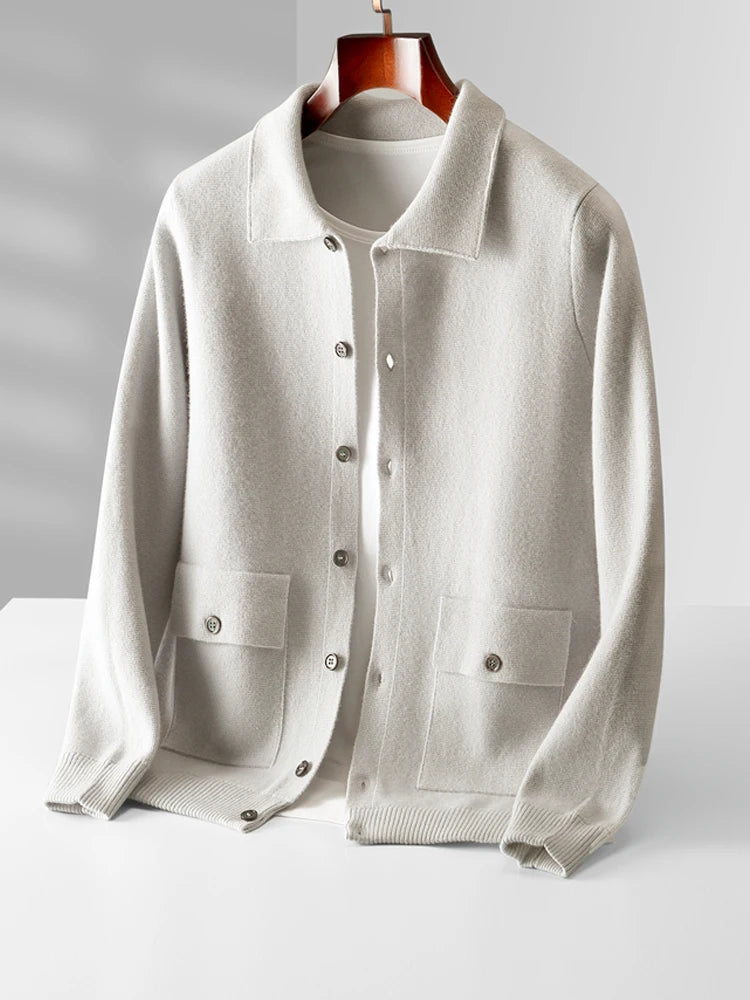 Calvaro Merino Wool Polo Cardigan Sweater - Cream
