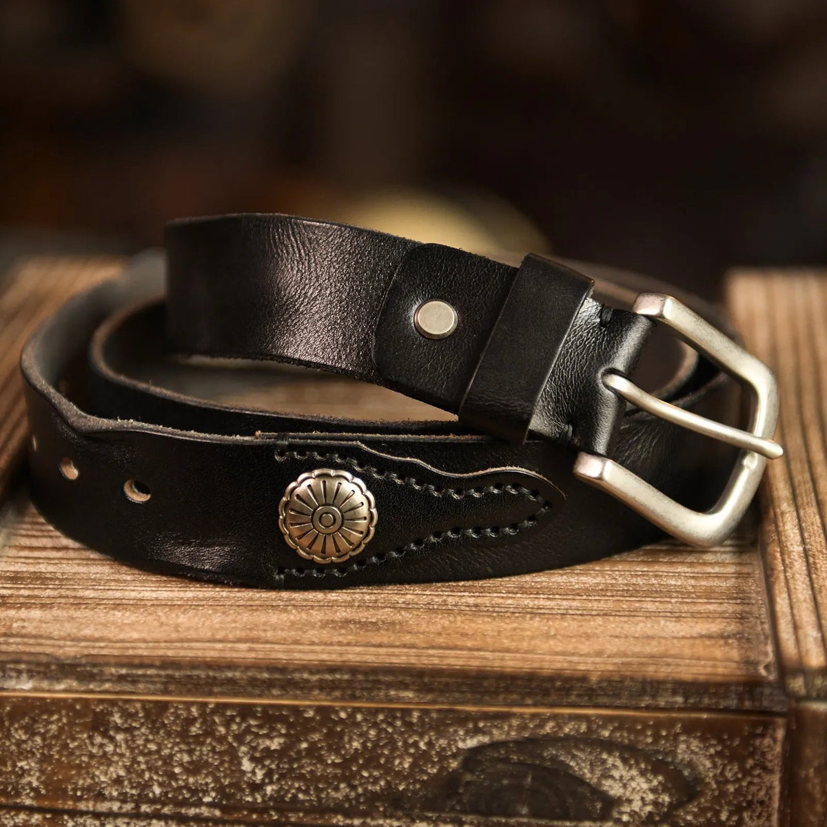 Men's Hand-Stitched Genuine Leather Belt - Black