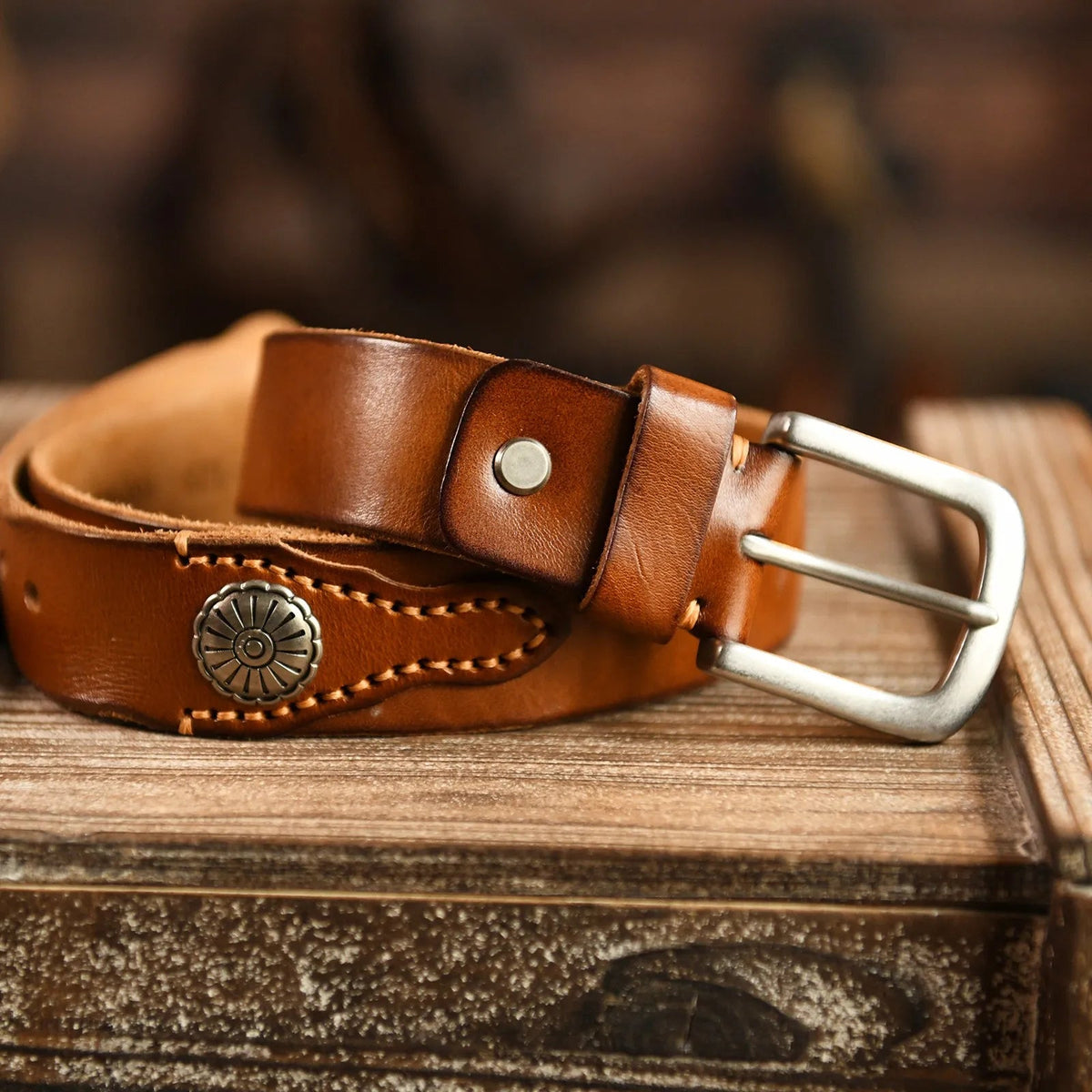 Men's Hand-Stitched Genuine Leather Belt - Light Brown