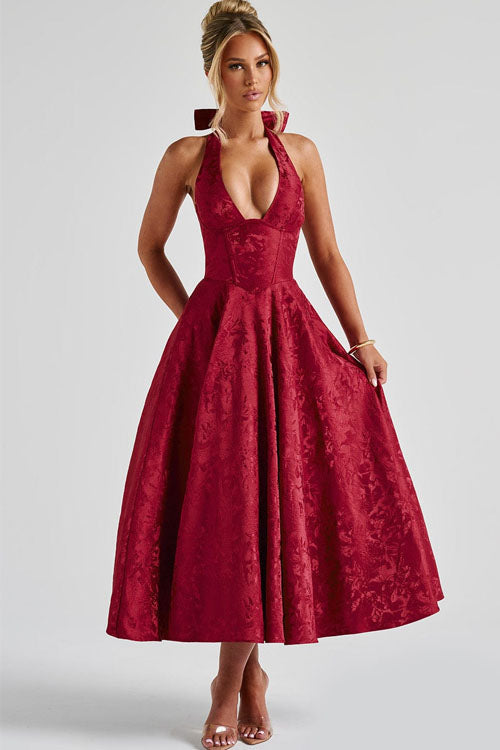 Jacquard Maxi Dress – Women's Wedding Guest Dress - Wine Red