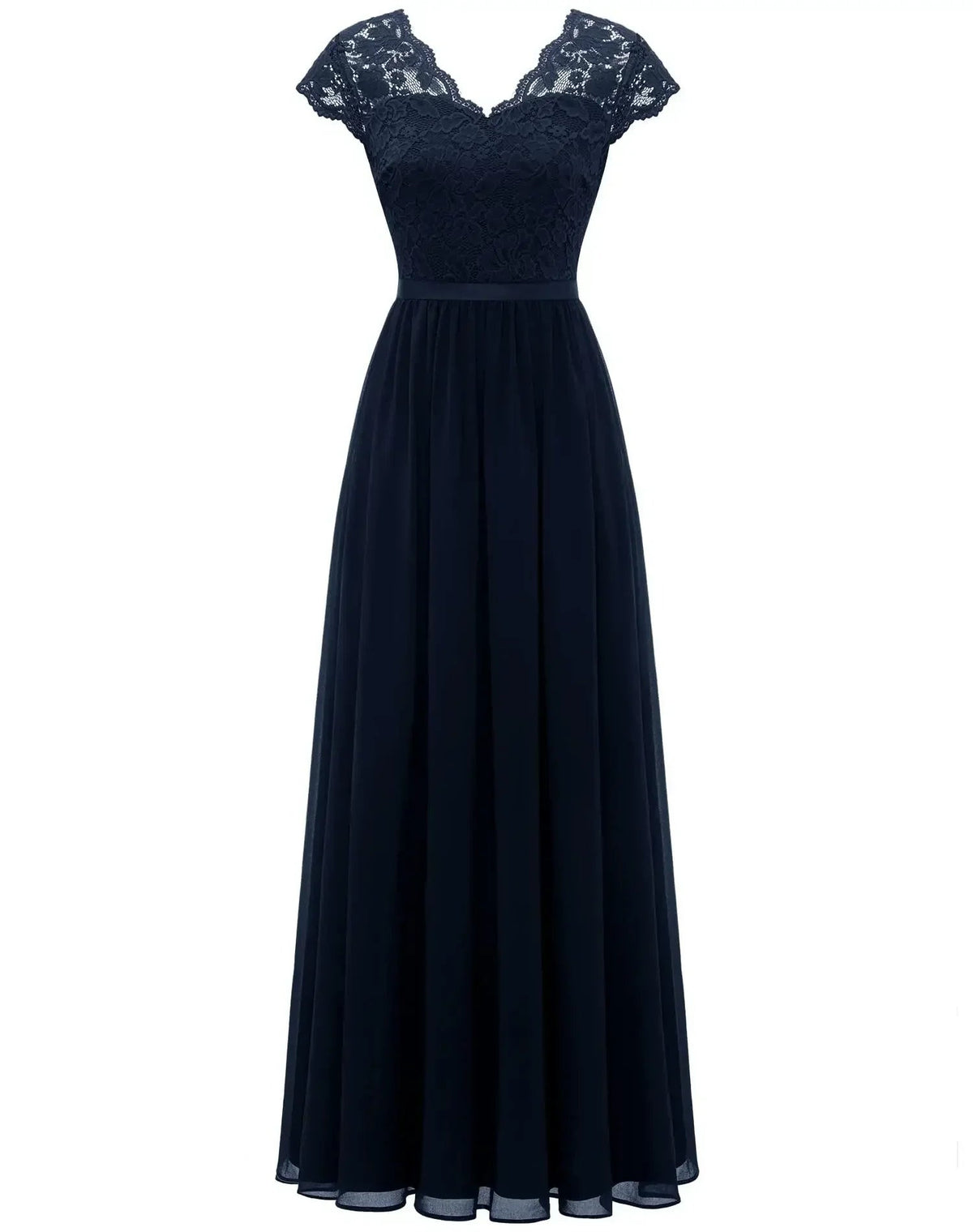 Lace Maxi Dress – Women's Evening Dress - Navy Blue Short Sleeve
