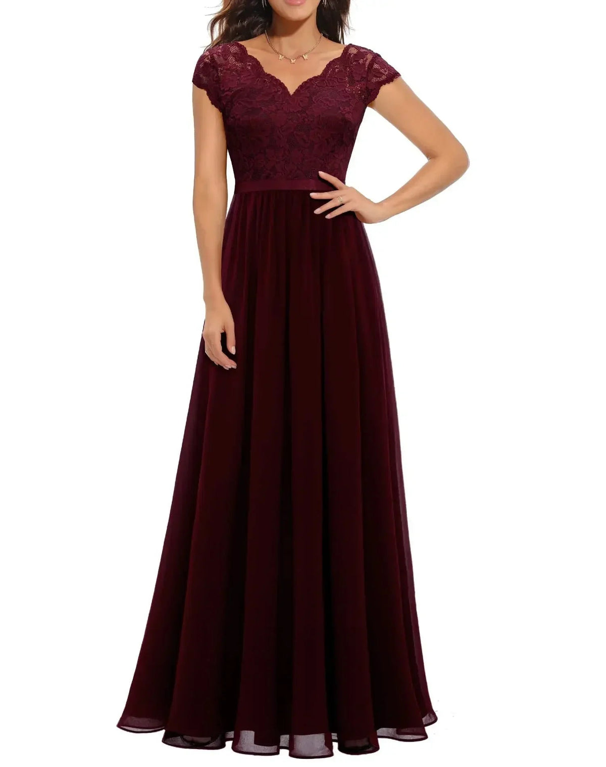 Lace Maxi Dress – Women's Evening Dress - Burgundy Short Sleeve