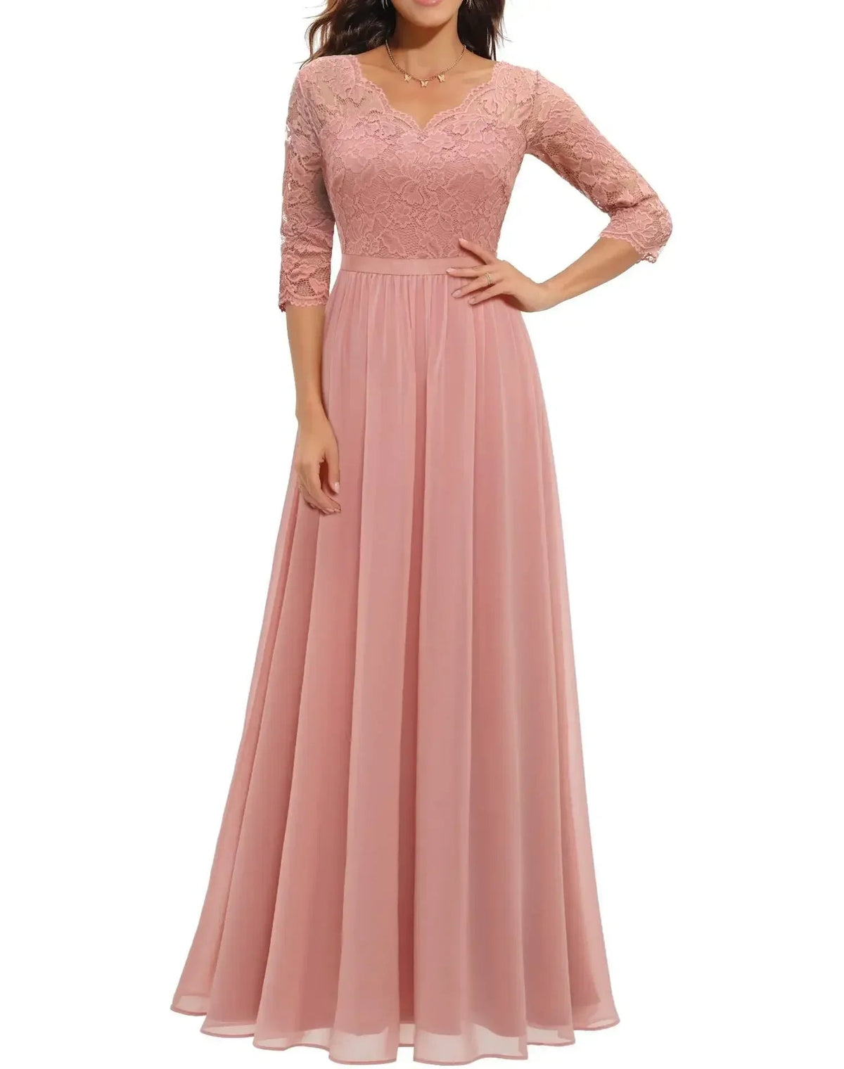 Lace Maxi Dress – Women's Evening Dress - Pink Quarter Sleeve